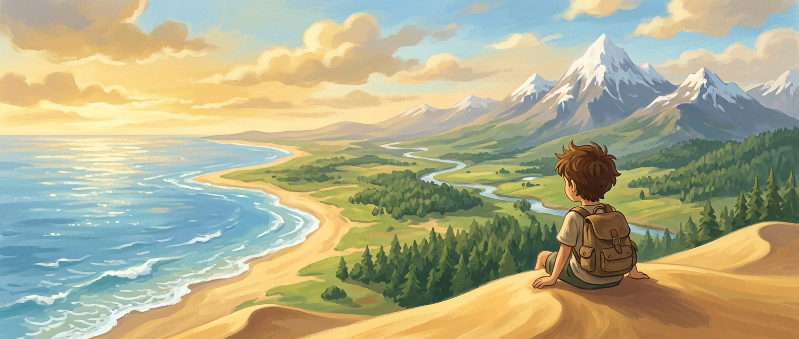 The boy gazing over a world of deserts, oceans, snow peaks, valleys, forests and beaches